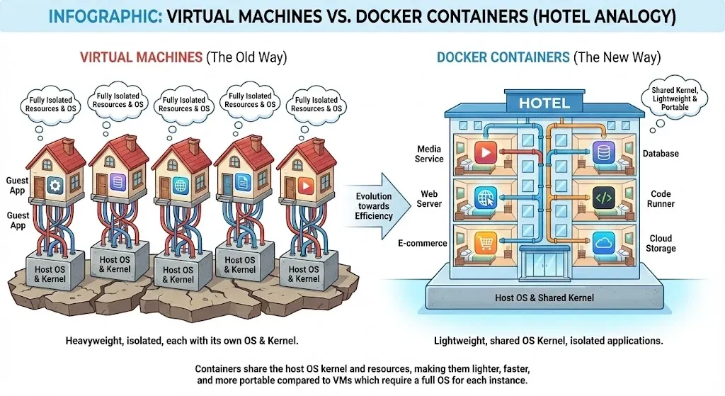 An infographic explaining Virtual machines vs Docker Containers (Hotel Analogy). VM's are separate houses on a street, dockers are like a hotel building.