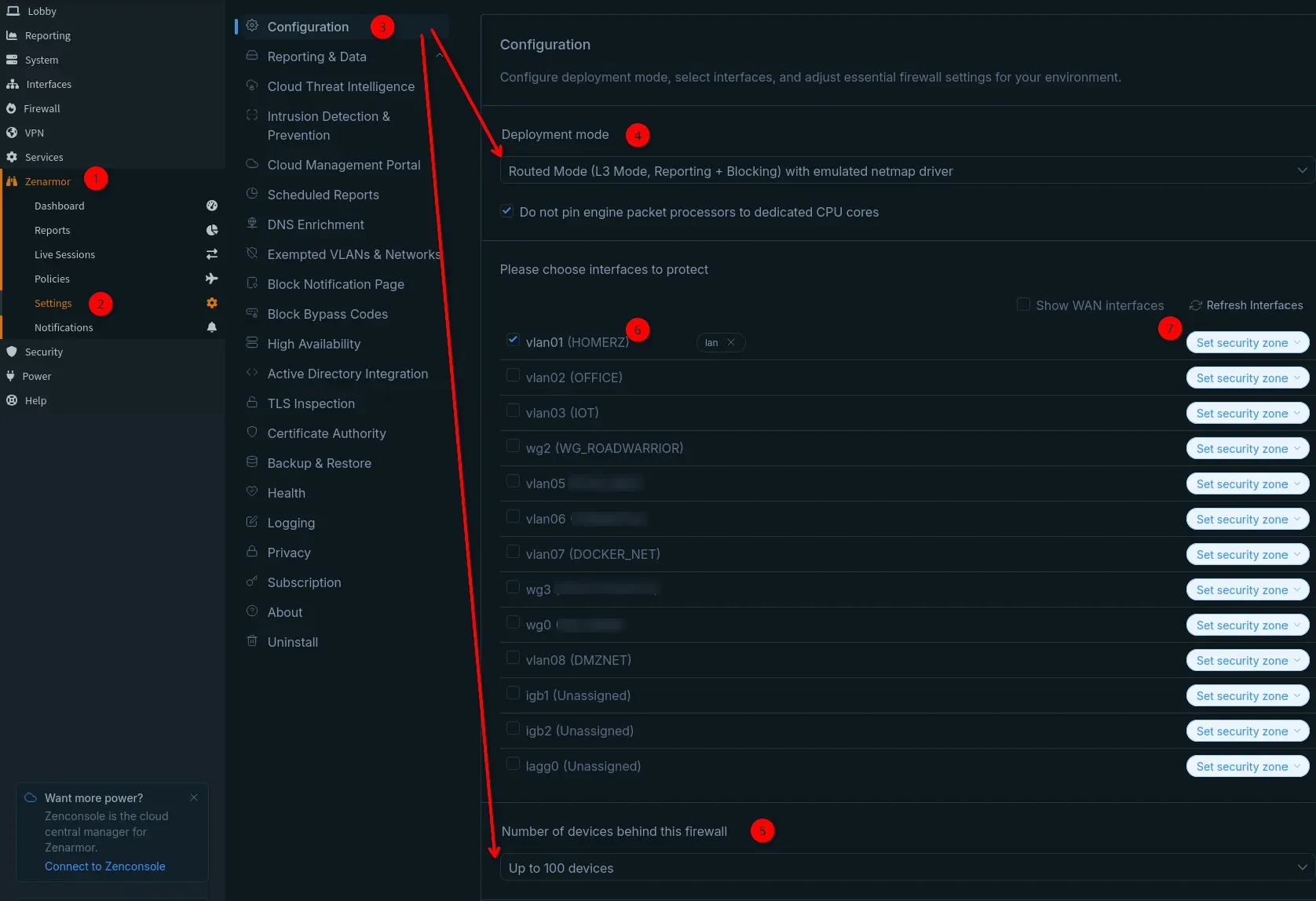 Picture of OPNsense Zenarmor->Settings->Configuration->Firewall configuration->Routed Mode (L3)