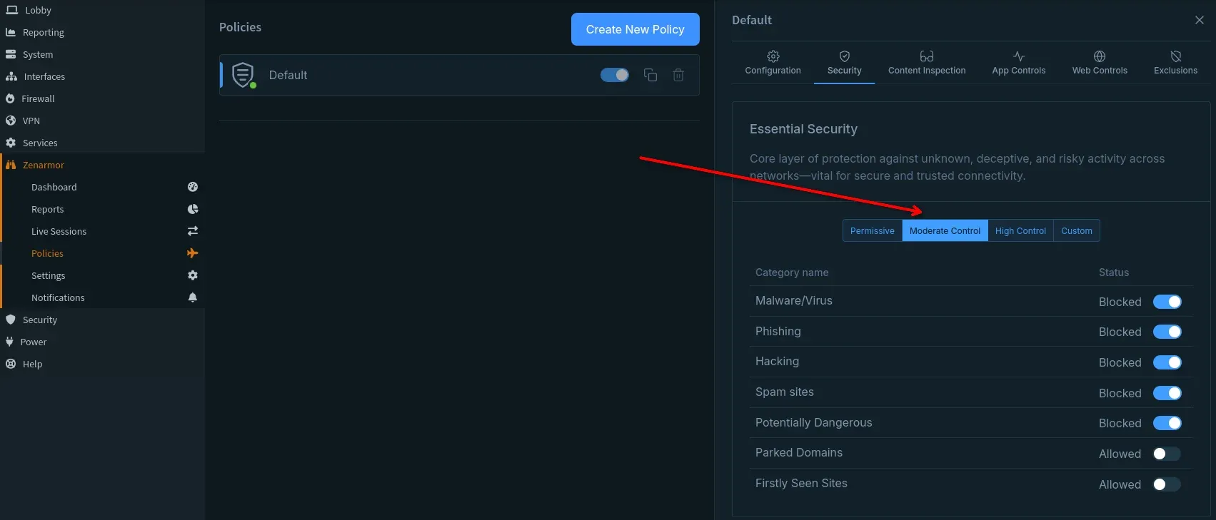 Zenarmor->Policies->Default->Security->Moderate Control shown & selected.