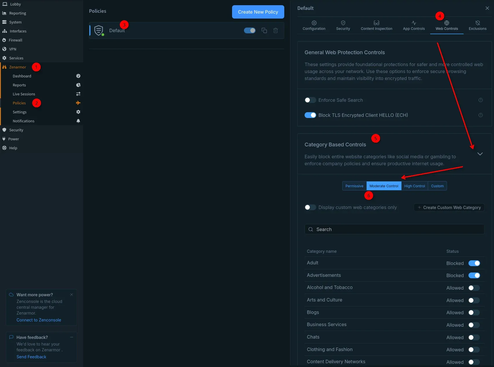 Zenarmor->Policies->Default->Web Controls->Category Based Controls.