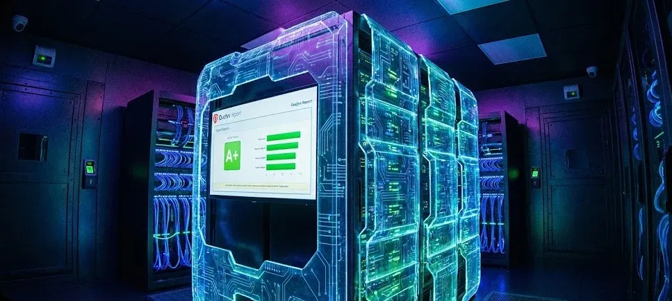 A futuristic digitized datacenter, with glowing electric looking edges around server racks and monitor showing A+ from Qualys SSL.