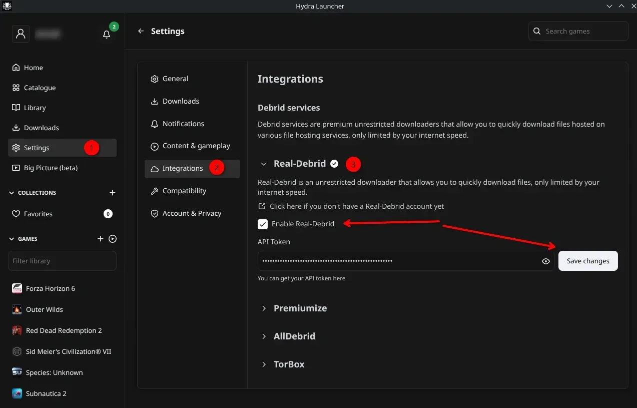 Screenshot of Hydra's Settings->Integrations pane, showing all the Debrid options, I've put my Real Debrid API key in and clicked save changes.