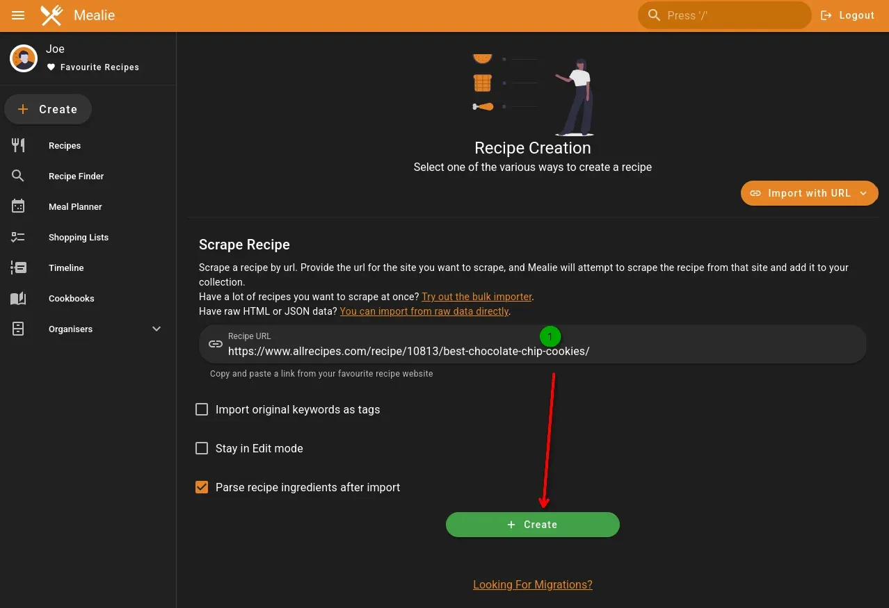 Next, you paste the URL into the Recipe URL field, then select "Create" for import.