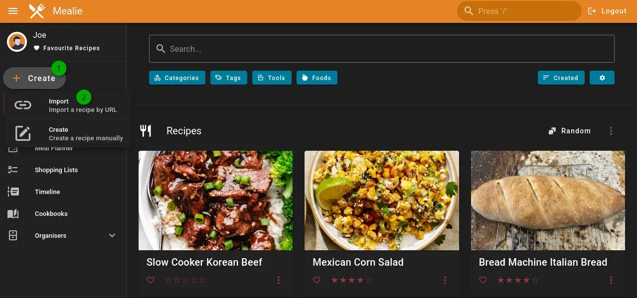 Mealie's Import step 1, left side menu select "Creeate" and then "Import".
