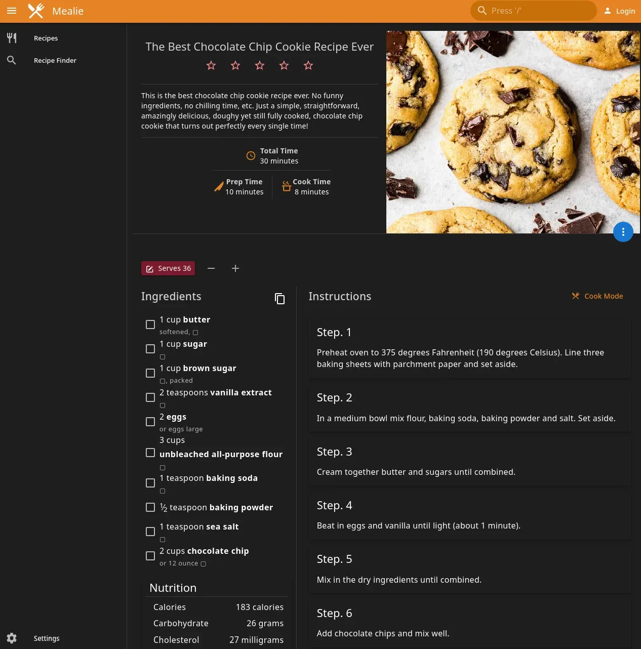A Chocolate Chip Cookie Recipe selected in Mealie's WebGUI, which shows a complete breakdown of ingredients on the left side and instructions on the right.