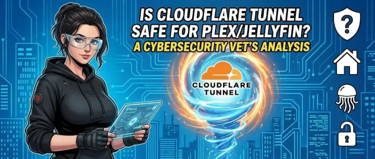 Core Lab mascot next to a glowing Cloudflare Tunnel portal. Text: Is Cloudflare Tunnel Safe for Plex/Jellyfin? A Cybersecurity Vet's Analysis.