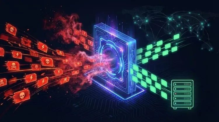 A glowing blue digital processor shield protects a server from a stream of red "malware" skulls. The shield filters the traffic, allowing only safe green packets to pass.