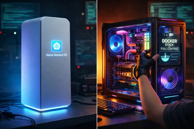 Split image comparison: Left shows a sleek, glowing "Home Assistant OS" appliance tower. Right shows a user's hand on a high-end custom PC with a "Docker Stack: Full Control" screen.