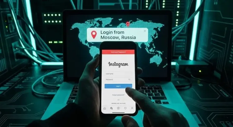 Smartphone screen showing an Instagram "Incorrect Password" error, while a background monitor displays a "Login from Moscow, Russia" security alert on a world map.