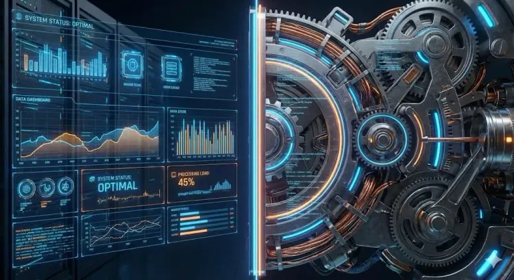 Left side, graphical system dashboard showing NGINX stats and load, on the right, complex "digital" machinery as the core.