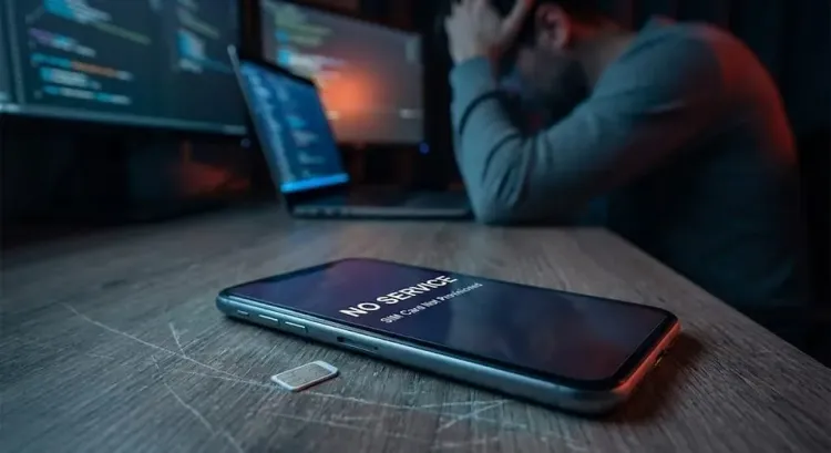 A smartphone screen displaying an Unregistered SIM error message next to a ticking clock, symbolizing a Canadian SIM swapping attack in progress.