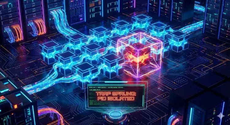 Digital illustration of a server room. Glowing blue network paths converge on an isolated, glowing red cube. A text overlay reads "TRAP SPRUNG: PID ISOLATED," symbolizing threat containment.
