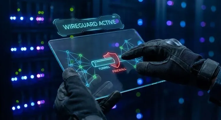 Gloved hands hold a transparent tablet displaying a holographic network diagram where a secure WireGuard tunnel bypasses a red firewall shield in a server room.