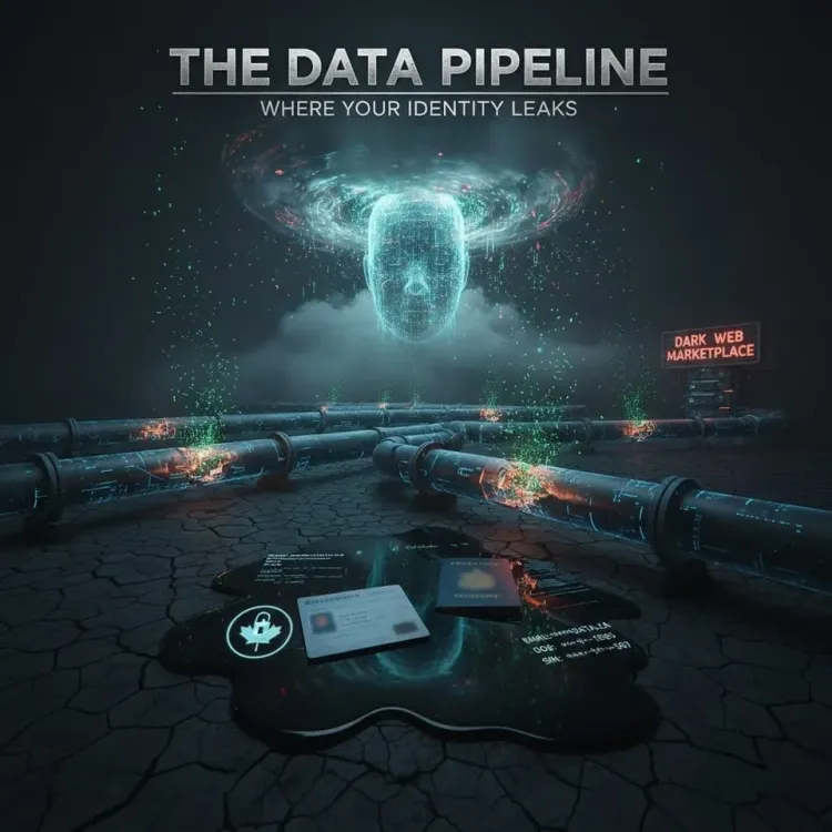 A conceptual digital illustration showing a leaking data pipeline flowing into a dark web marketplace, representing Canadian identity theft and corporate data breaches.