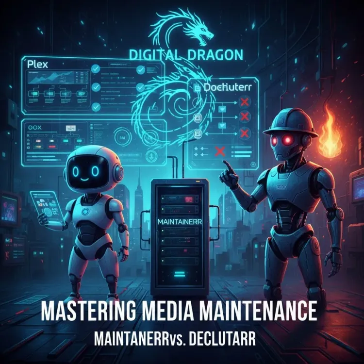 AI-generated digital art of two sleek robots managing a futuristic server room with glowing blue data displays and media icons for Plex and Sonarr.