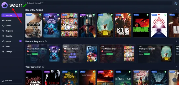 Screenshot of the Seerr dashboard after a successful migration from Overseerr or Jellyseerr, showing the 'Discover' page with movies and TV shows.