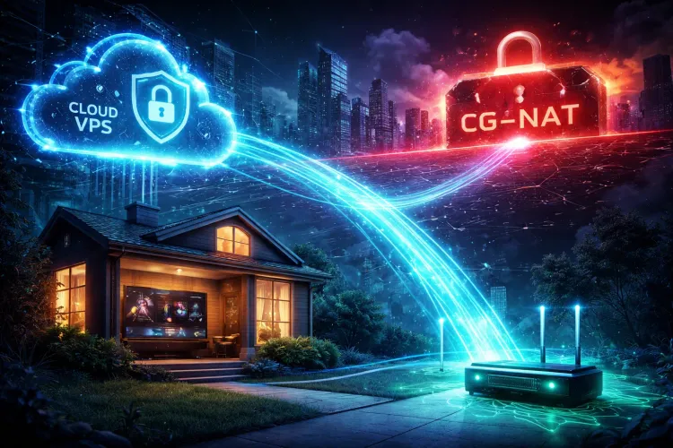 Cyberpunk illustration of a home Plex server securely tunneling to a cloud VPS, bypassing ISP CG-NAT with an encrypted connection.