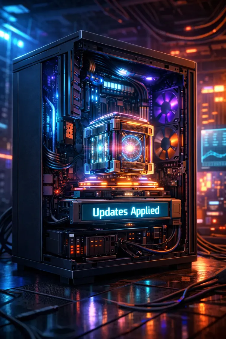 Futuristic cyberpunk tower server with side panel removed, revealing a glowing quantum-style CPU core on the motherboard and a bright display reading “Updates Applied.”
