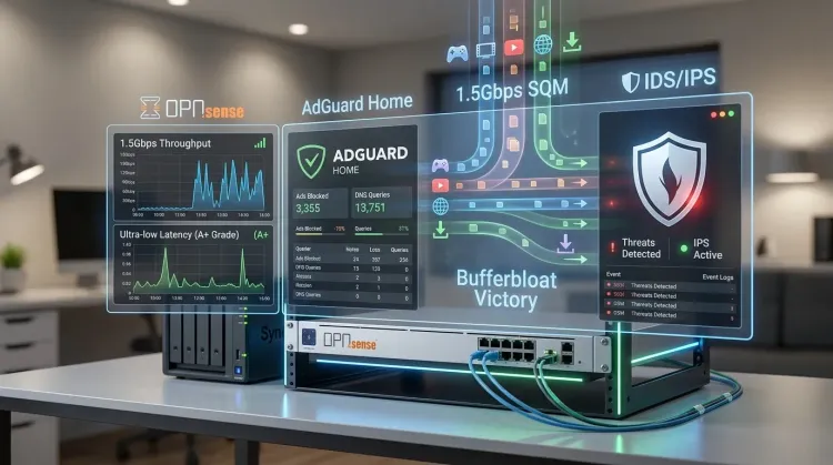 Conceptual network command center. Left display: OPNsense 1.5Gbps throughput and low latency. Right display: AdGuard Home stats and active IDS/IPS shield for threat detection.