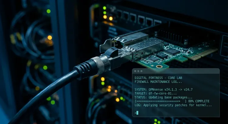A macro shot in a dark server room shows an Ethernet cable plugged into a NIC, featuring a "Digital Fortress" maintenance log overlay with an OPNsense upgrade progress bar at 88% complete.