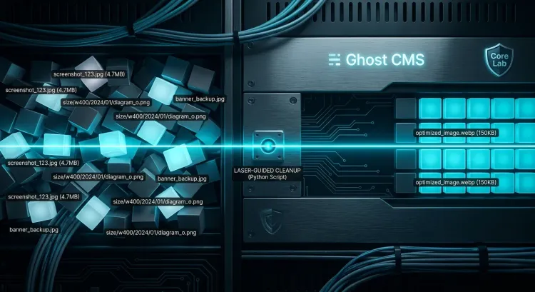 A high-tech digital interface performs a surgical, laser-guided scan on a grid of server data blocks, illustrating the cleanup of orphaned images in Ghost CMS.