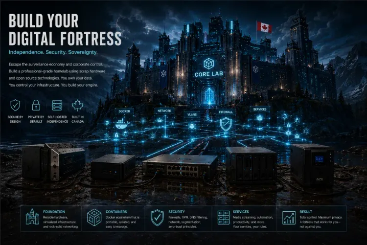 Cyberpunk digital fortress representing a self-hosted homelab with servers, Docker, networking, firewalls, and privacy-focused infrastructure. Canadian flag in backround.