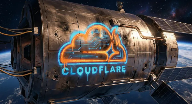Digitized picture of a rusty satellite spray-painted with the Cloudflare logo in Earth orbit.
