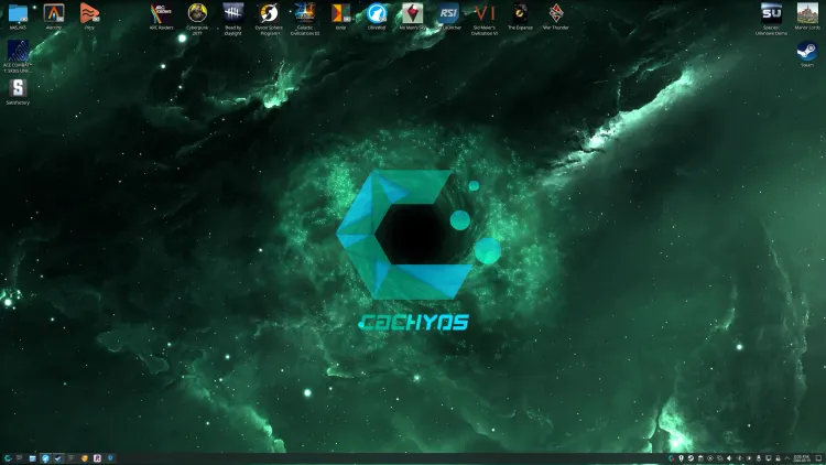 Screenshot of my CachyOS desktop KDE Plasma showing "CachyOS" and icon in the centre of a green nebular, with various gaming icons on the top portion of the screen.