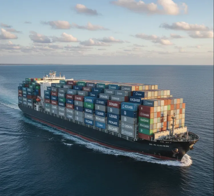 Ocean sea-faring container ship loaded with many sea containers but with labels on them of popular docker images.