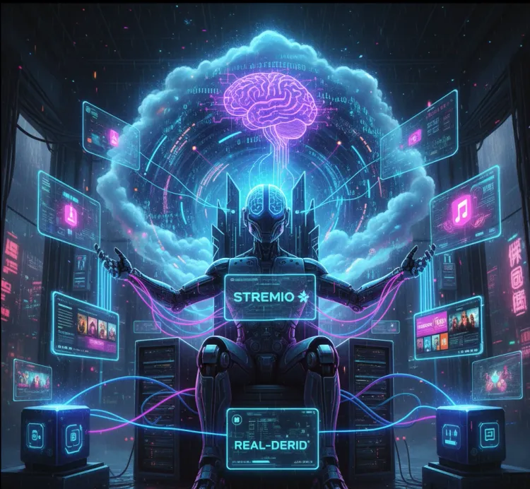 AI Generated image of an AI robot controlling streams and services in a "cyber cloud" for Stremio & Read Debrid.