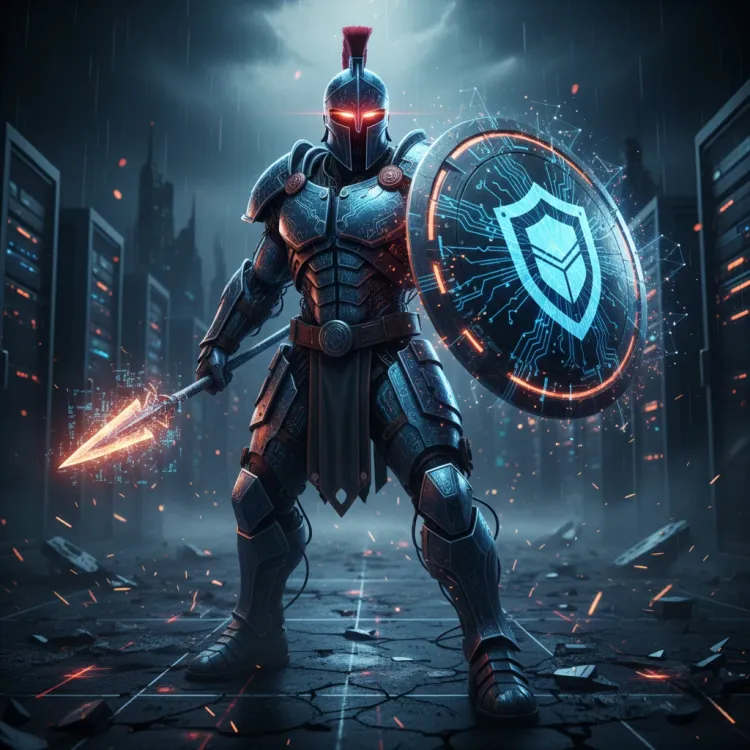 Digitized Spartan style warrior, bearing shield and spear confidently.