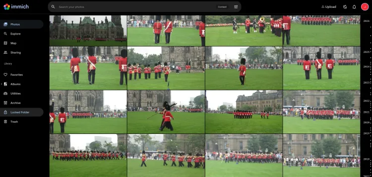 Screenshot of Immich landing page, where I am showcasing some Canadian content of the Parliament building in Ottawa, and the colour parade of Royal Canadian troops Marching on the lawn.