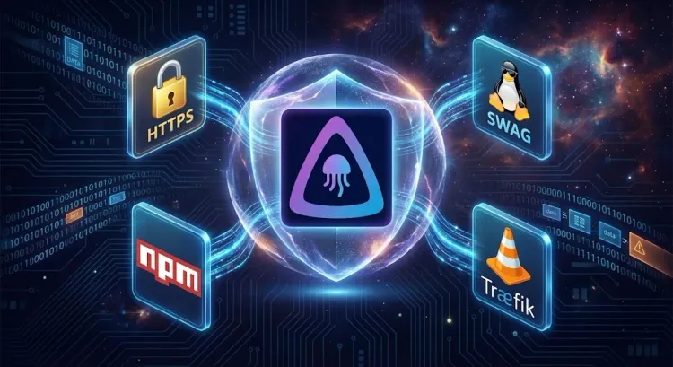  Jellyfin icon entered in the middle, surrounded by icons digitally connected to various reverse proxies.