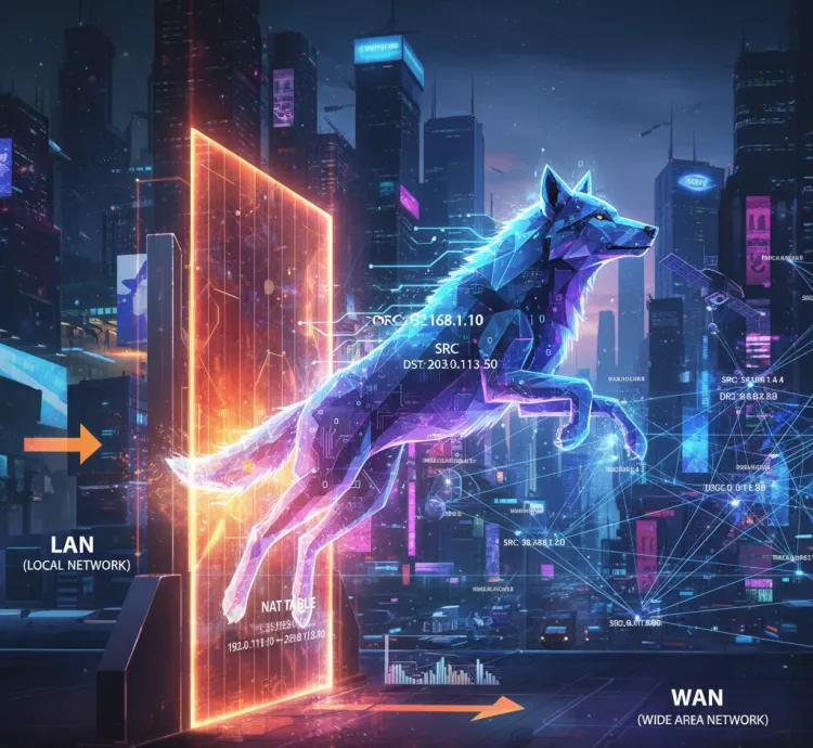 Digitized cyberpunk styled wolf jumping through a LAN to WAN NAT table.