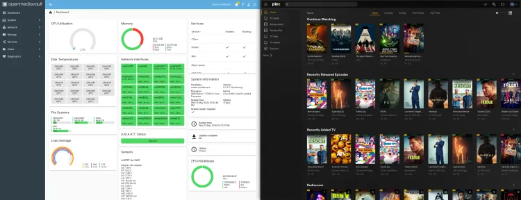 Split screen showing Plex Media Server library home screen and OpenMediaVault 8 (OMV8) Dashboard workbench interface.