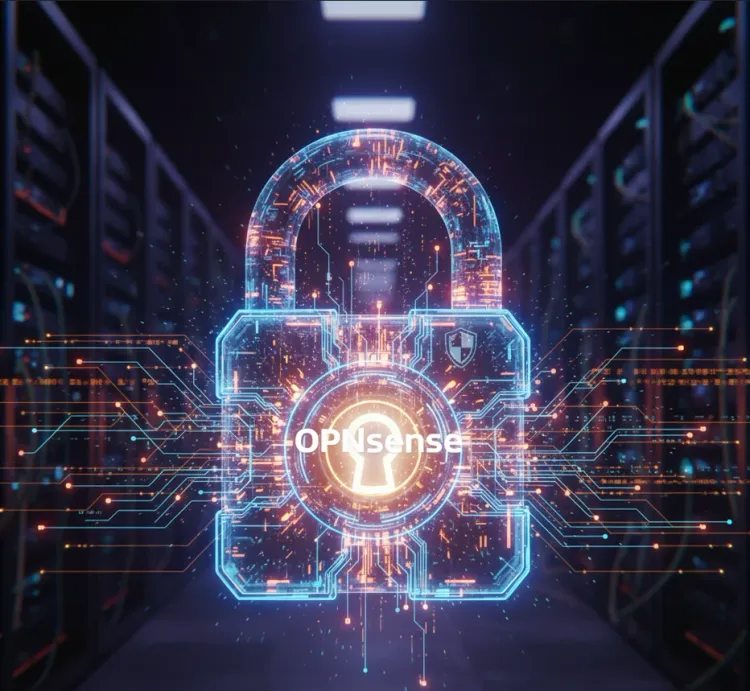 Digitized picture of a lock, floating between racks in a datacentre with digital electronic flows going through it.