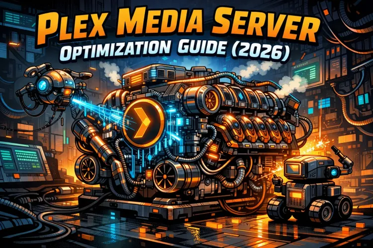 Cyberpunk comic art of a futuristic server engine blending mechanical parts and glowing data streams, serviced by robots in a neon workshop. “Plex Media Server Optimization Guide (2026)”