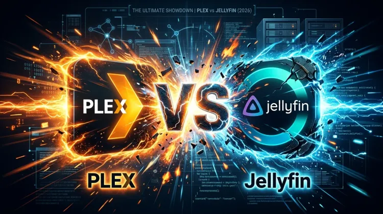 The continual struggle for Media Server Supremacy... Two logos, Plex on the left, Jellyfin on the right, smashing together.