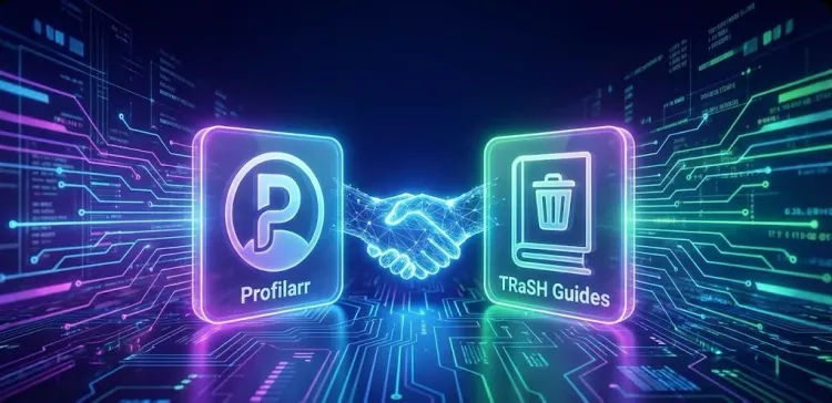 Digitized background featuring the icons from Profilarr and TRASH, shaking hands.