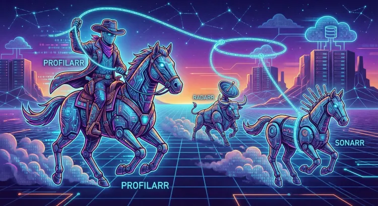 Profilarr app as a digitized cowboy, lassoing sonarr (horse, foreground) and radarr (bull, background) and 'reigning them in'.