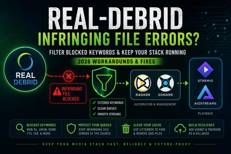 Infographic showing workflow of Real Debrid Infringing File Errors and explanation of Core Lab's workarounds.