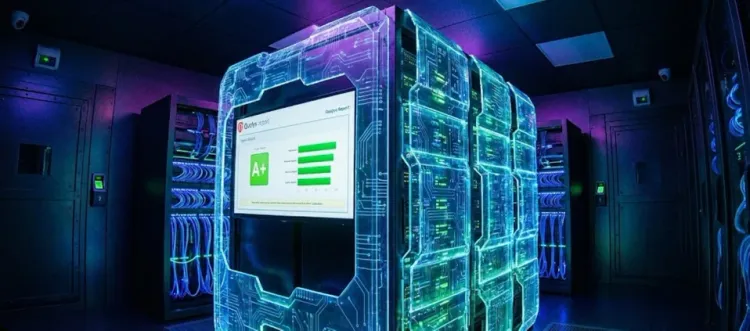 A digitized artistic view of a small datacentre, glowing with digital panels and a screen showing A+ from Qualys SSL scanner.