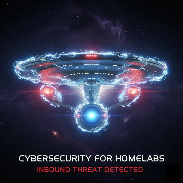 Digital illustration of a starship with energy shields active, deflecting incoming cyber threats, representing homelab network defence-in-depth.