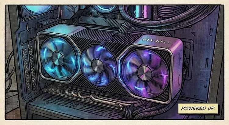 Comic book style picture of an "upright" mounted RTX4090 with the caption "POWERED UP."