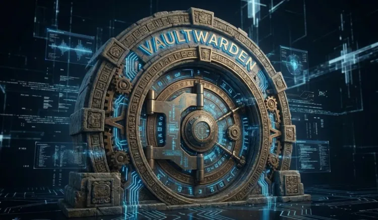 Digitized ancient aztec vault stylized door with the word "Vaultwarden" inscribed at the top.