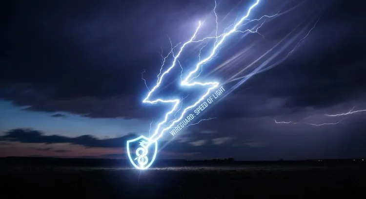 Wireguard icon, resting on the ground below a lightening bolt with the caption of "Wireguard: Speed of Light".