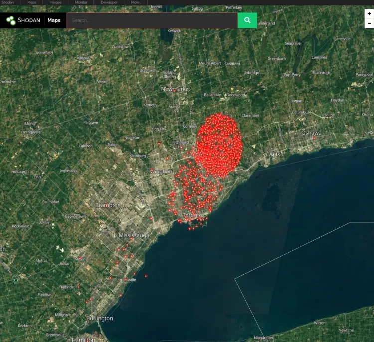 Shodan.io map view of Toronto & area, Canada showing detected IPV4 & IPV6 addresses.