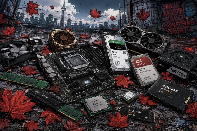 Comic book illustration of homelab PC parts including enterprise hard drives, motherboard, CPU, RAM, SSDs, and GPU scattered across concrete with Canadian maple leaves.