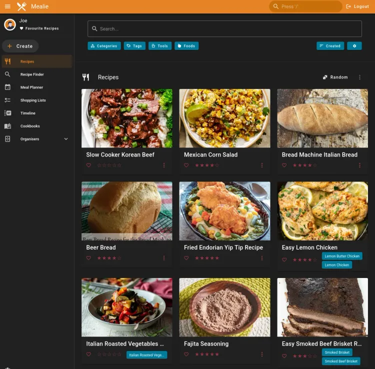 A screenshot of the Mealie app, showing various recipes and a logged in user (me, Joe).