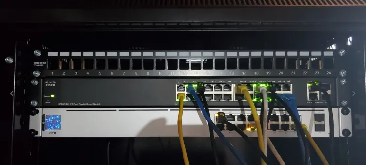 V1 of Core Lab's own rack, showing a Cisco SMB witch and an Ubituiti swtich, powered with LEDs and cabling.